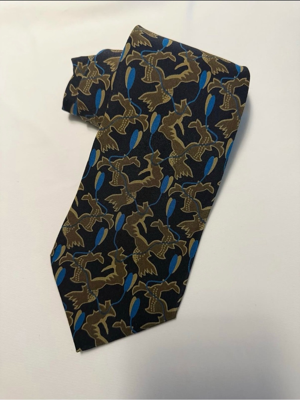 Giorgio Armani Black Tie with Brown and Blue Bird Motif